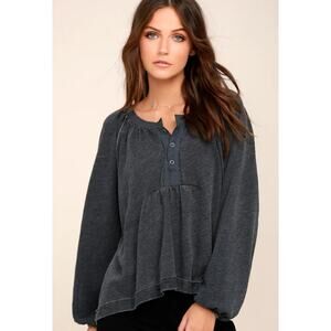 Free People We‎ The Free Womens S Top Acadia Gray Henley Burnout Lounge Grunge